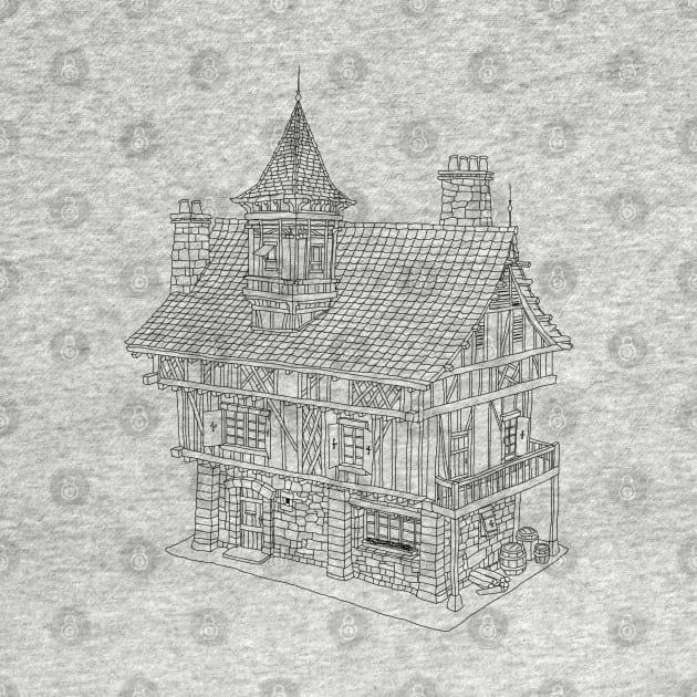 Fantasy-Inspired Medieval House Line Drawing by RetroGeek